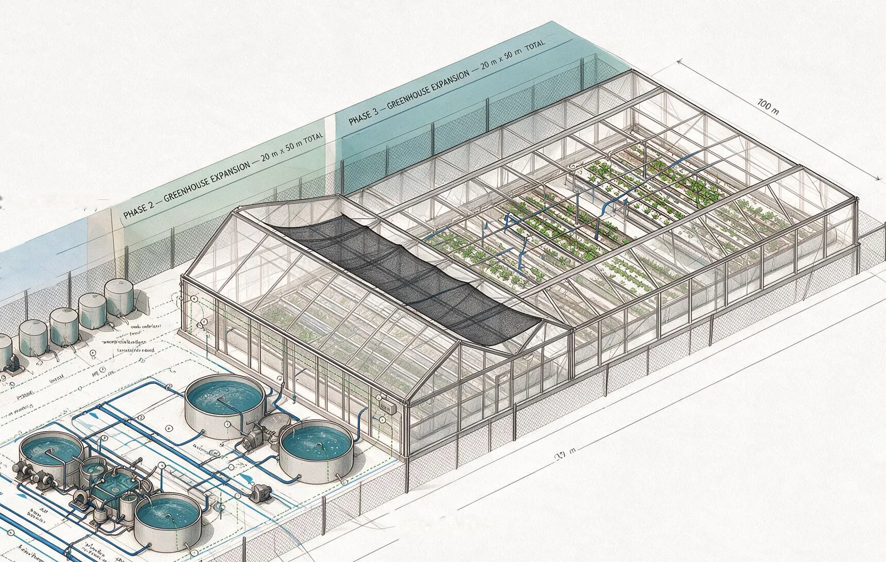 Illustrative masterplan of a Namaa farm: fish tanks beside a greenhouse that extends in stages.